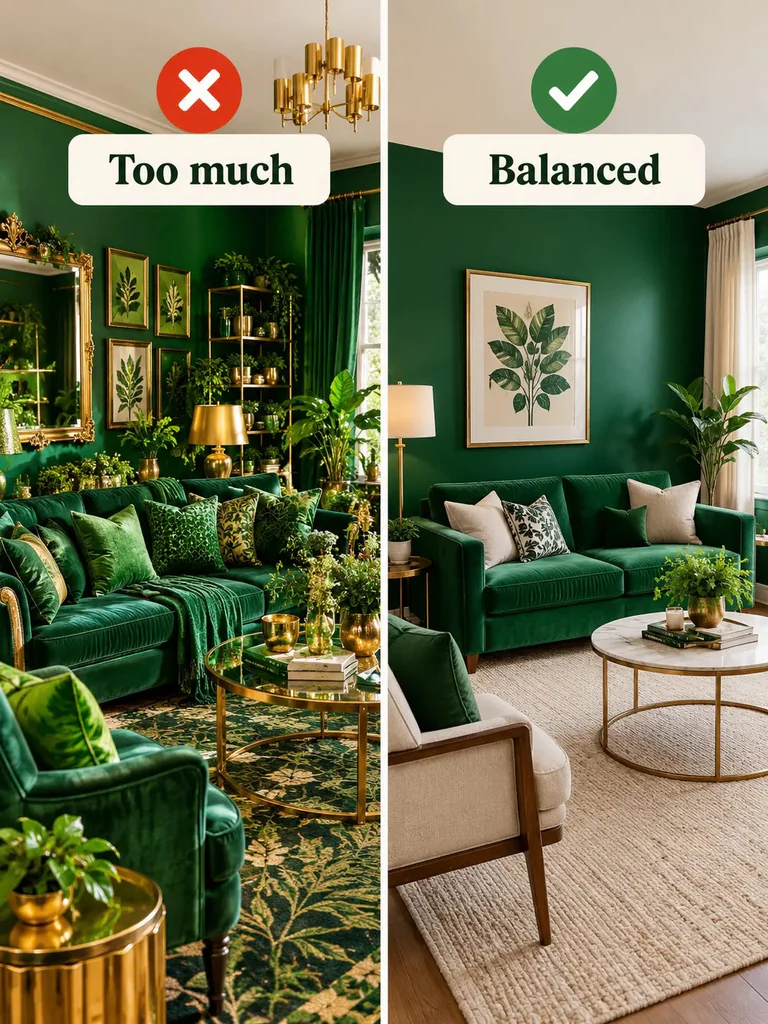 Emerald green living room decor mistakes compared with a balanced room