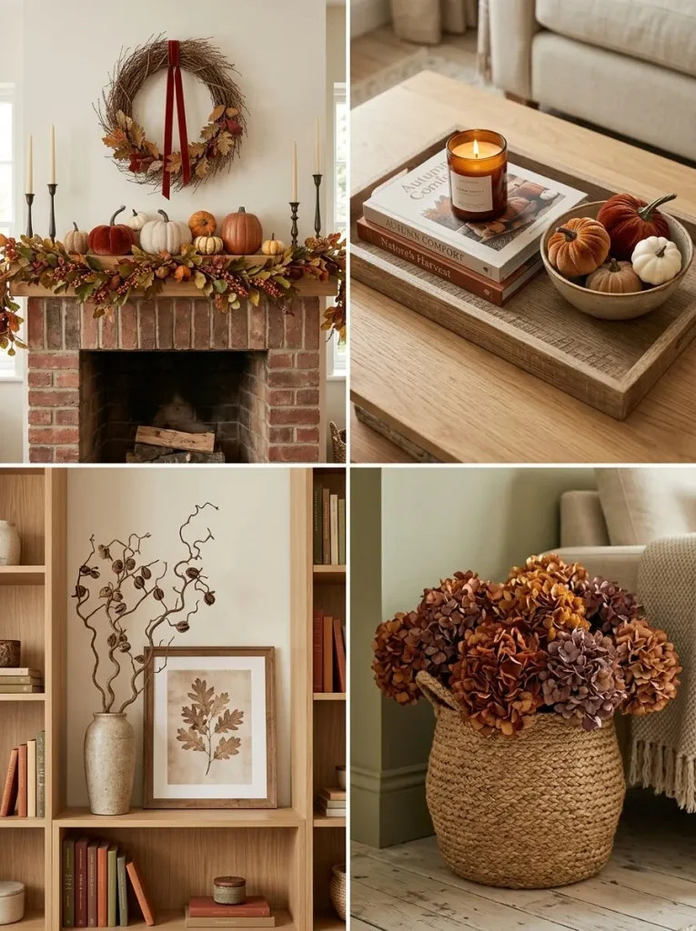 Fall decor ideas living room focal points including mantel, coffee table, and shelves