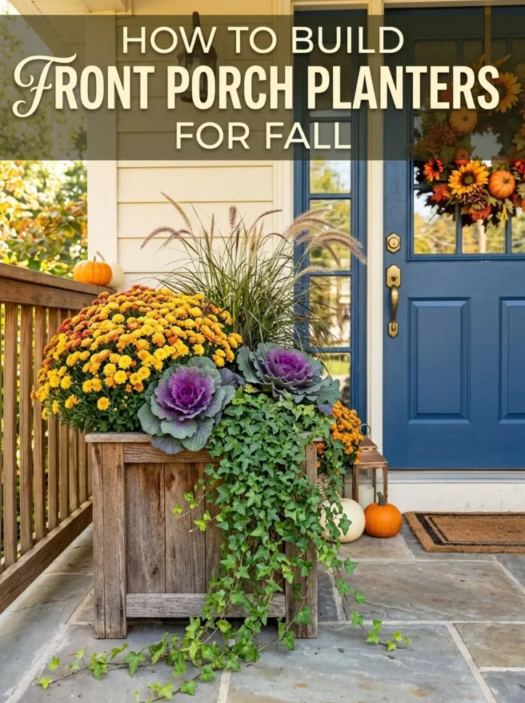 Fall front porch planter with mum, cabbage, grass, and trailing ivy beside a door