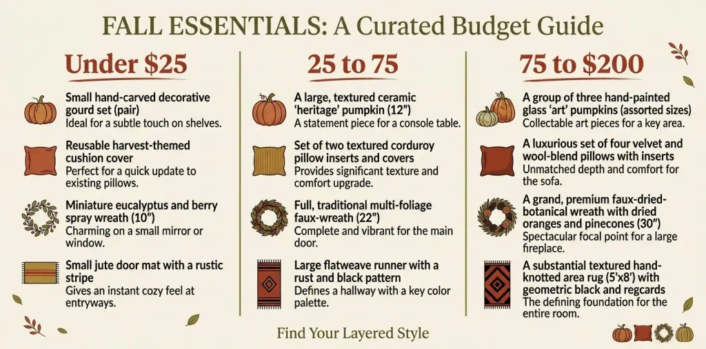 Fall living room decor ideas grouped by budget in three price tiers