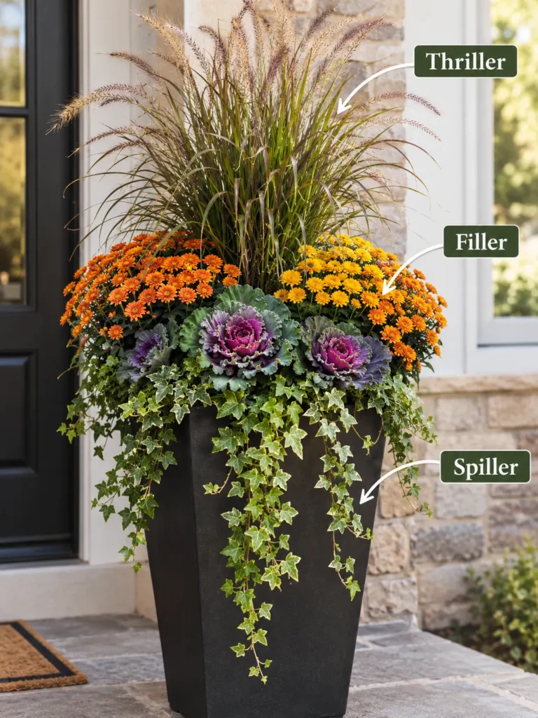 Fall planter with ornamental grass, mums, cabbage, and trailing ivy for front porch autumn decor