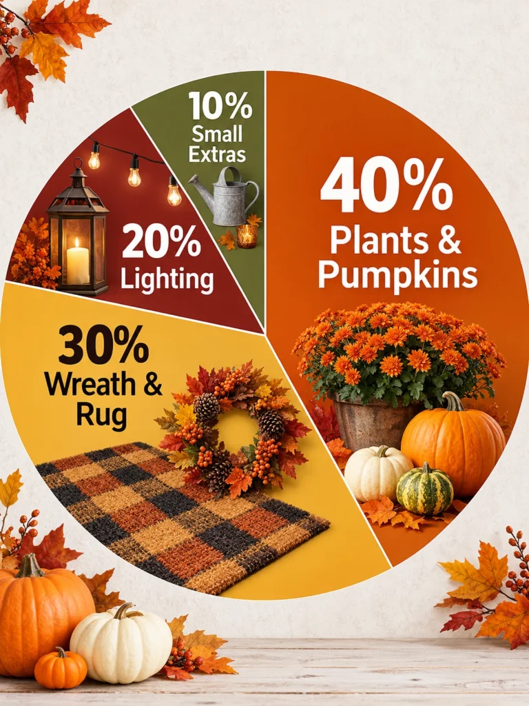 Fall porch decor budget breakdown chart for plants, wreath, lighting, and extras