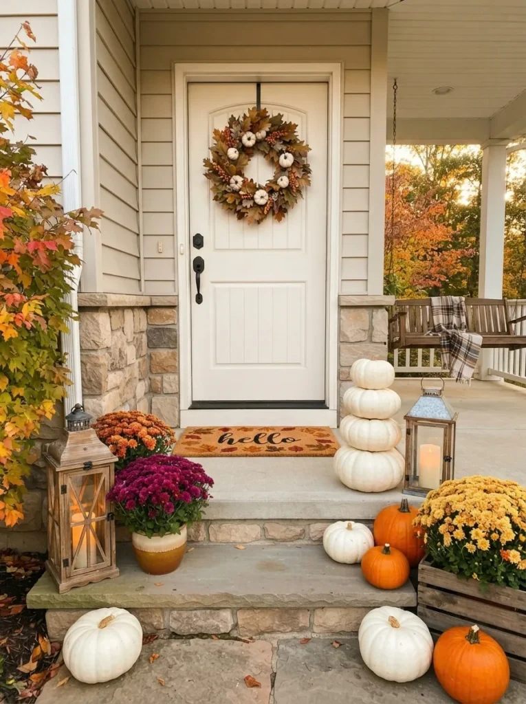 Fall porch decor that still looks fresh late in the season.