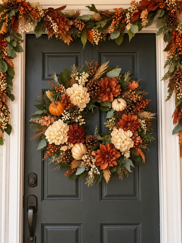 Fall wreath and garland on a front door as part of front porch fall decor