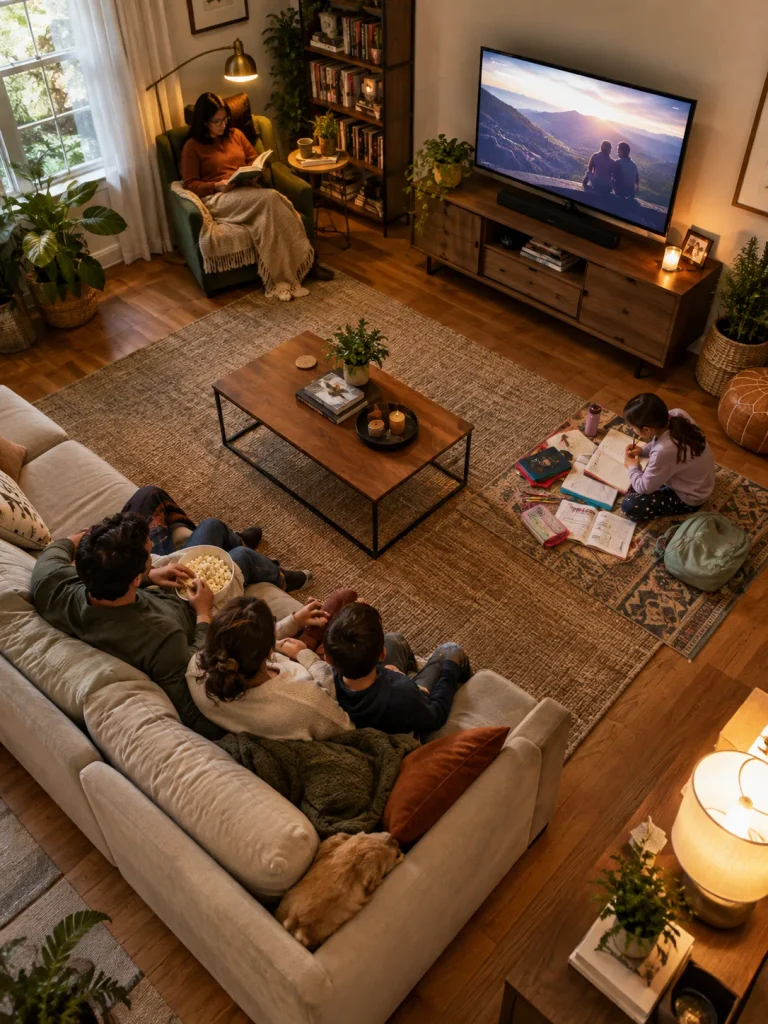 Family using a living room for TV time, homework, and reading to show daily furniture needs
