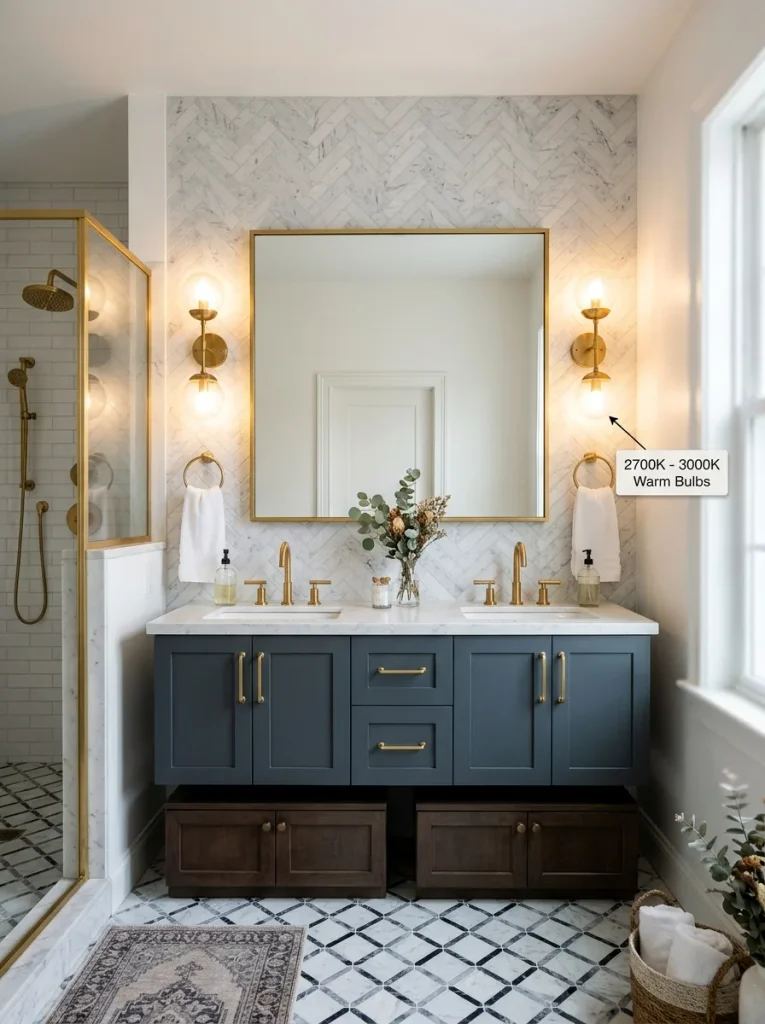 Fancy bathroom with statement tile, layered lighting, and matching hardware.