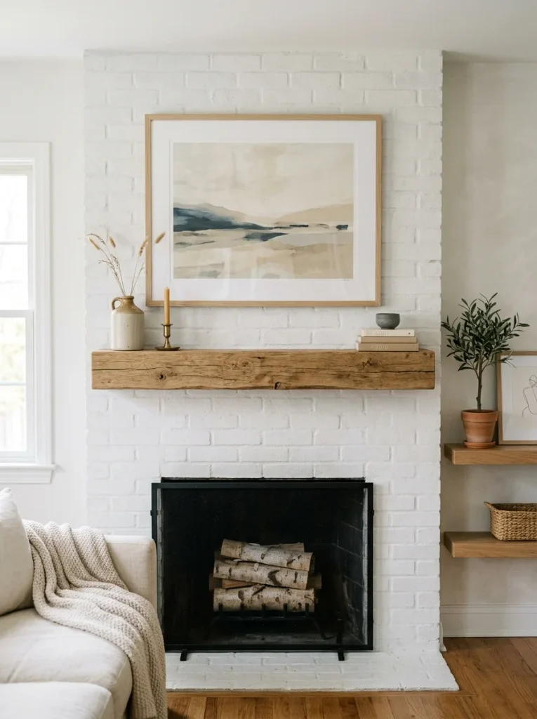 Farmhouse fireplace with wood mantel, large framed art, and simple styled floating shelf