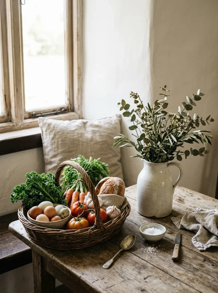 Farmhouse living room details with weathered wood, linen, and woven basket in soft white setting