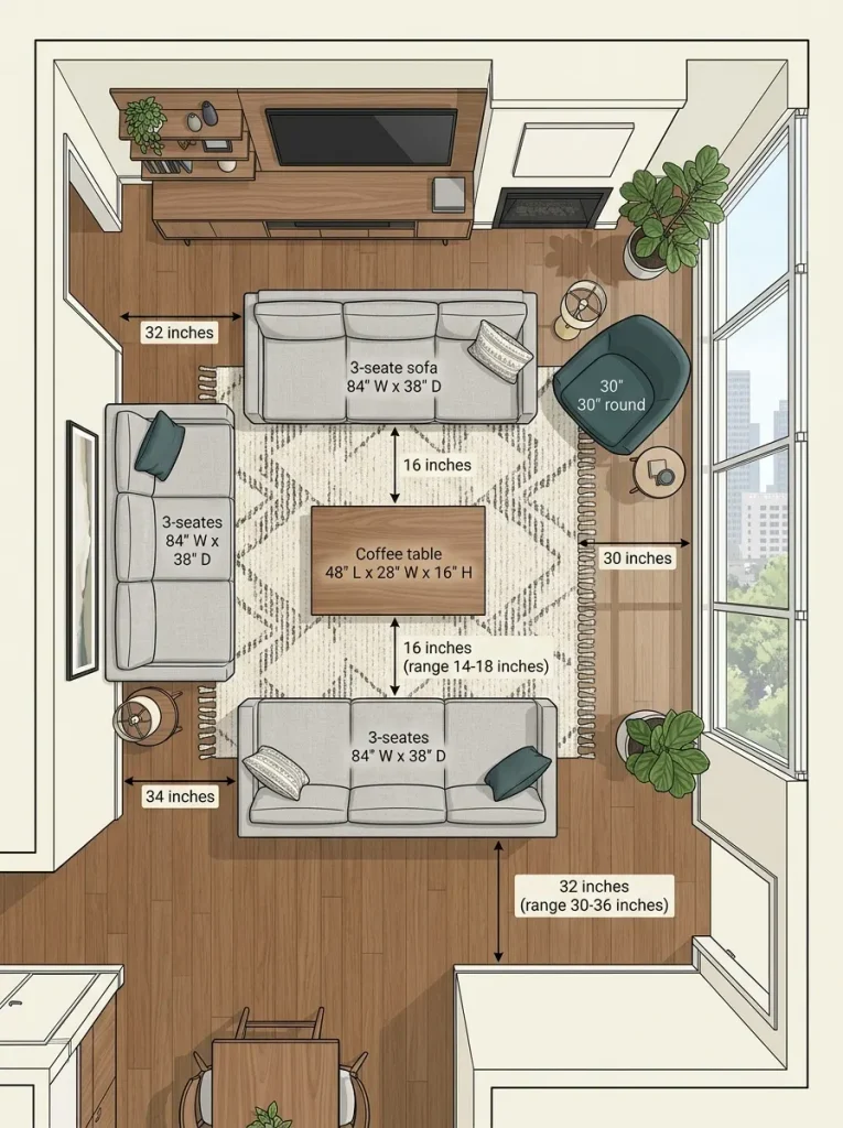 Farmhouse living room layout with facing sofas, large rug, coffee table, and swivel chair