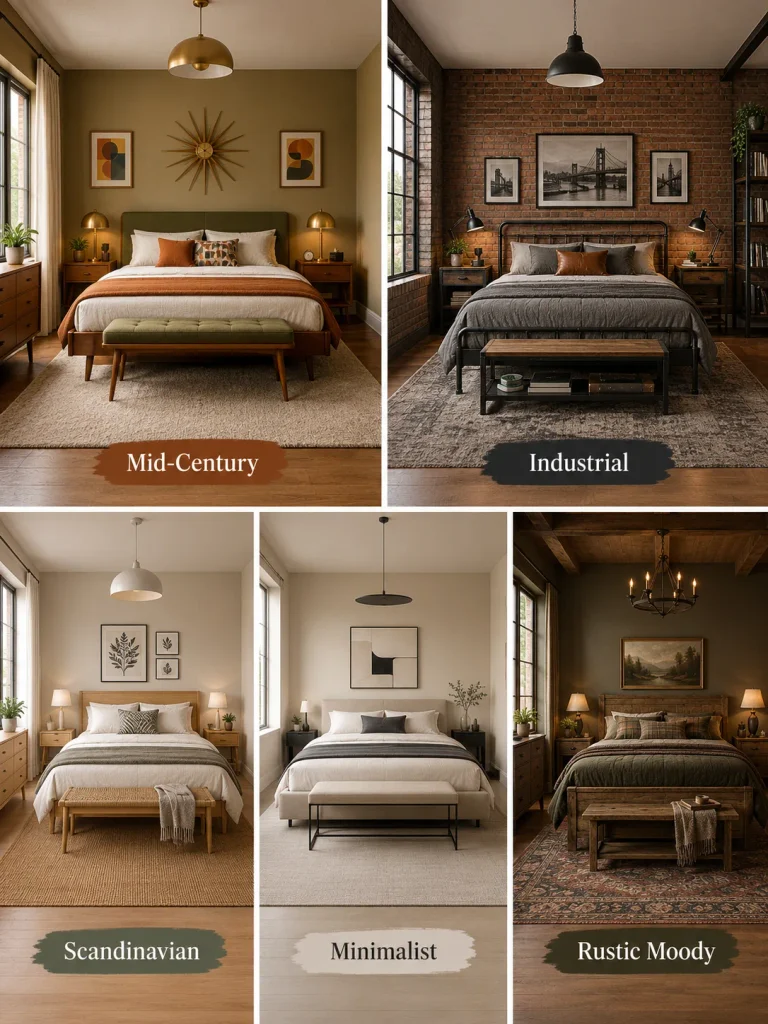 Five bedroom styles for men bedroom wall decor, from mid century to rustic.