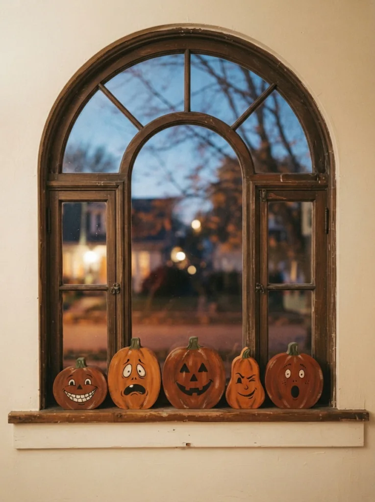 Smiling painted pumpkin patch along the bottom of a window for Halloween