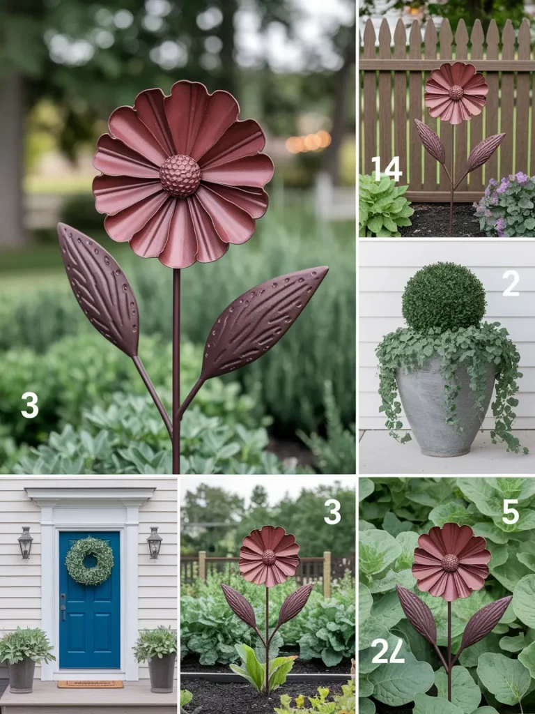 Five places to put metal garden flowers outdoor decor including beds, fences, pots, and vegetable gardens