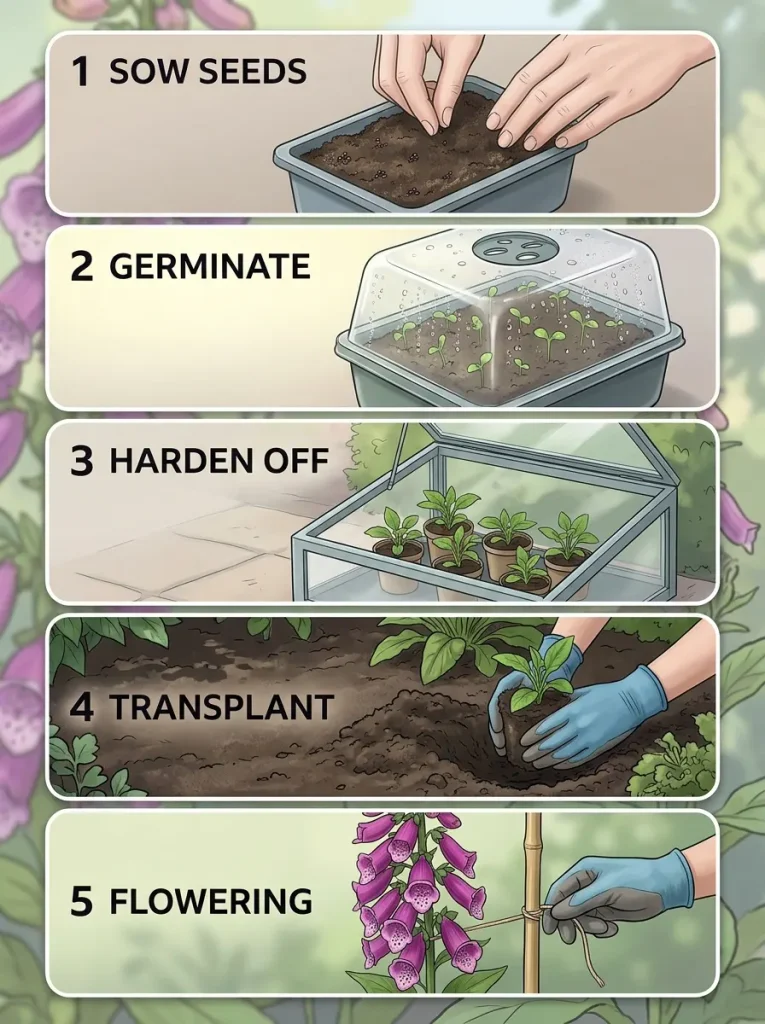 Five steps for growing foxgloves from seed including sowing, hardening off, transplanting, and staking