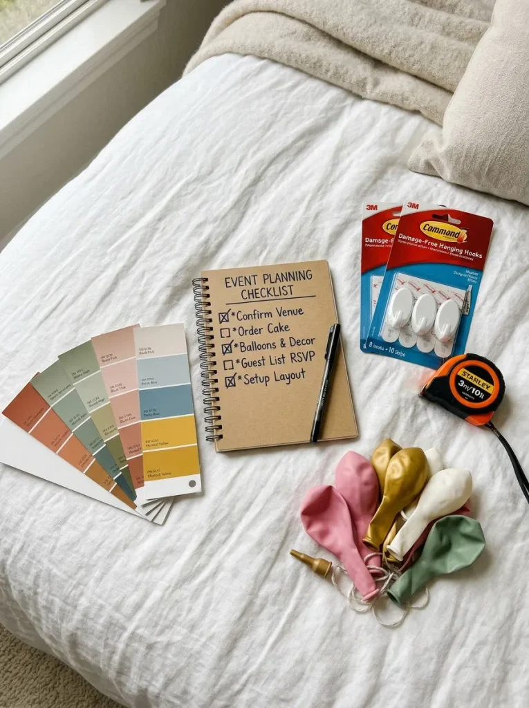 Flat lay of a checklist, color swatches, and tape for planning bedroom birthday decor.