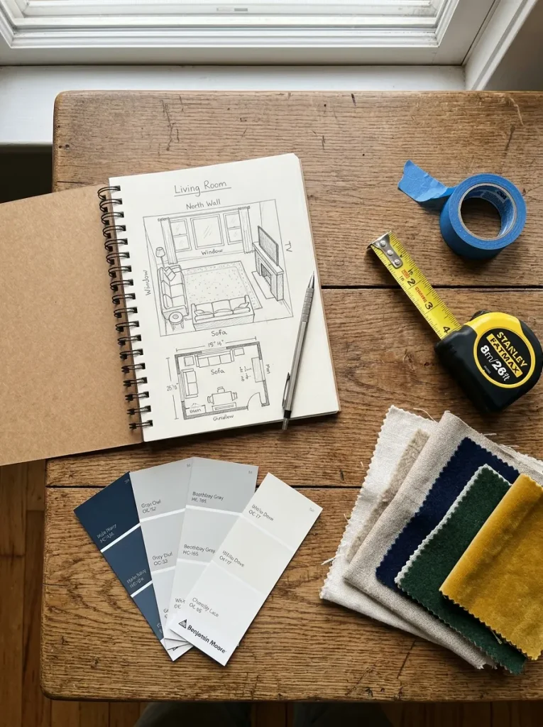 Flat lay of paint swatches, tape measure, and notebook for planning a DIY living room makeover.