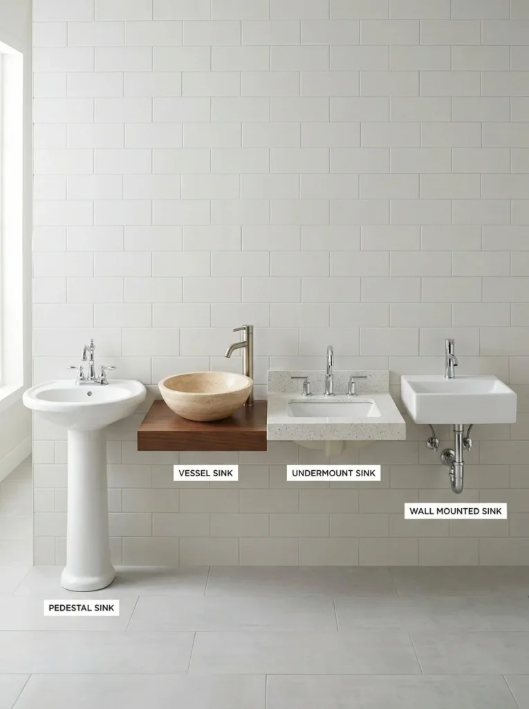 Floor and decor bathroom sinks compared including pedestal, vessel, undermount, and wall mounted