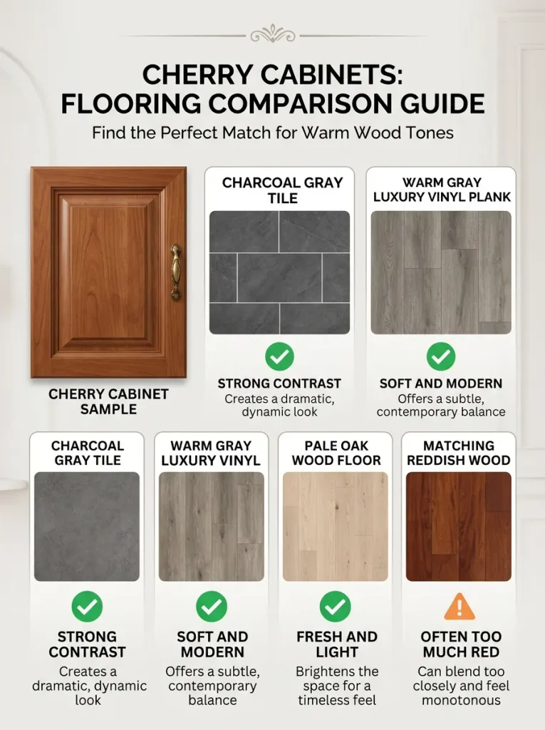 Floor options with cherry cabinets including charcoal tile, warm gray vinyl, pale oak, and matching reddish wood