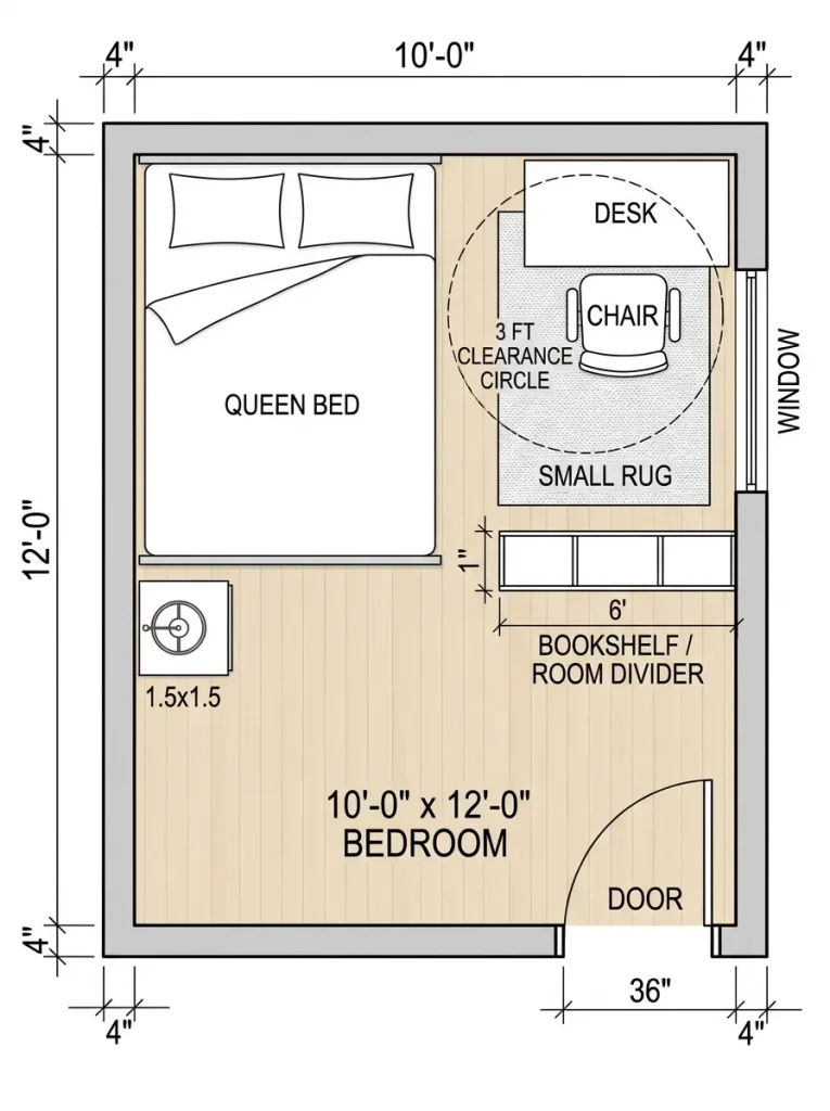Floor plan of a small bedroom office layout with a window corner desk, chair clearance, and divider