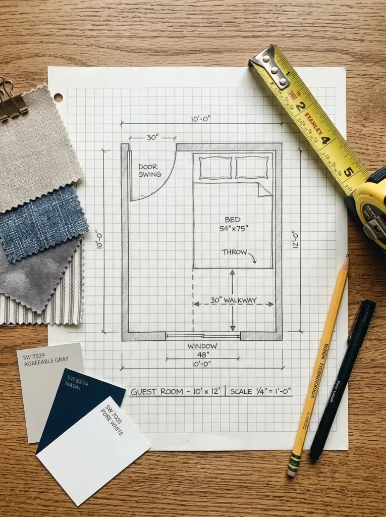 Floor plan sketch of a guest room with tape measure, paint swatches and walkway measurements