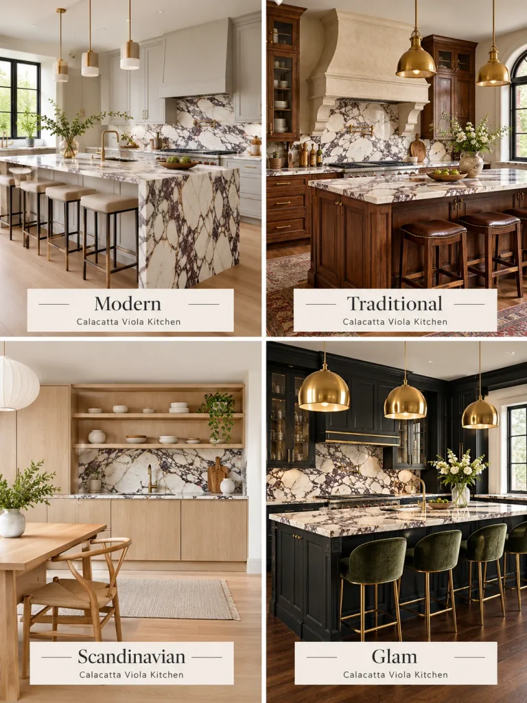 Four Calacatta Viola kitchen styles: modern, old world, Scandinavian, and glam