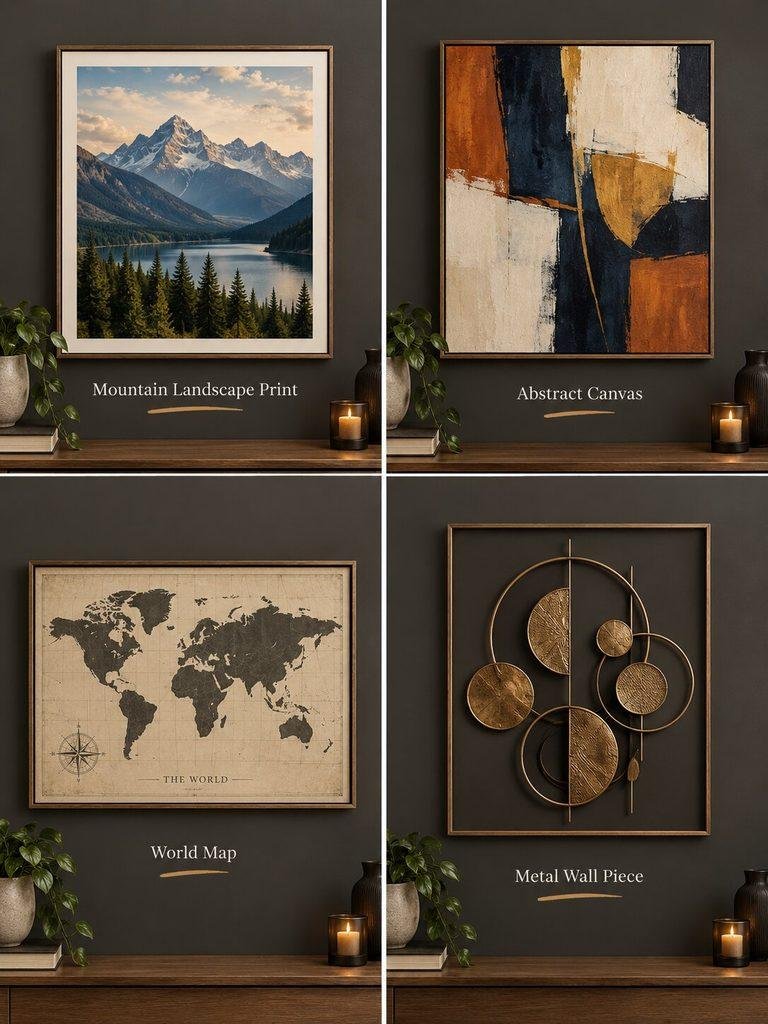 Wall art ideas for a man's bedroom, including a map, abstract art, and metal decor.