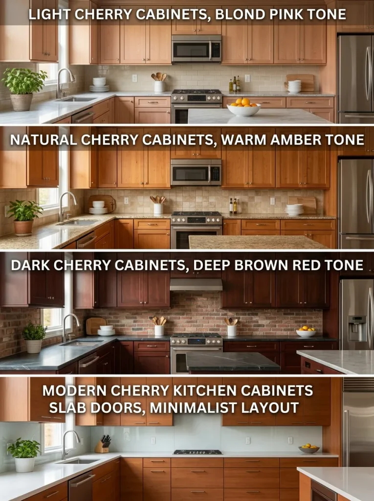 Four cherry cabinet looks: light cherry, natural cherry, dark cherry, and modern cherry kitchen cabinets