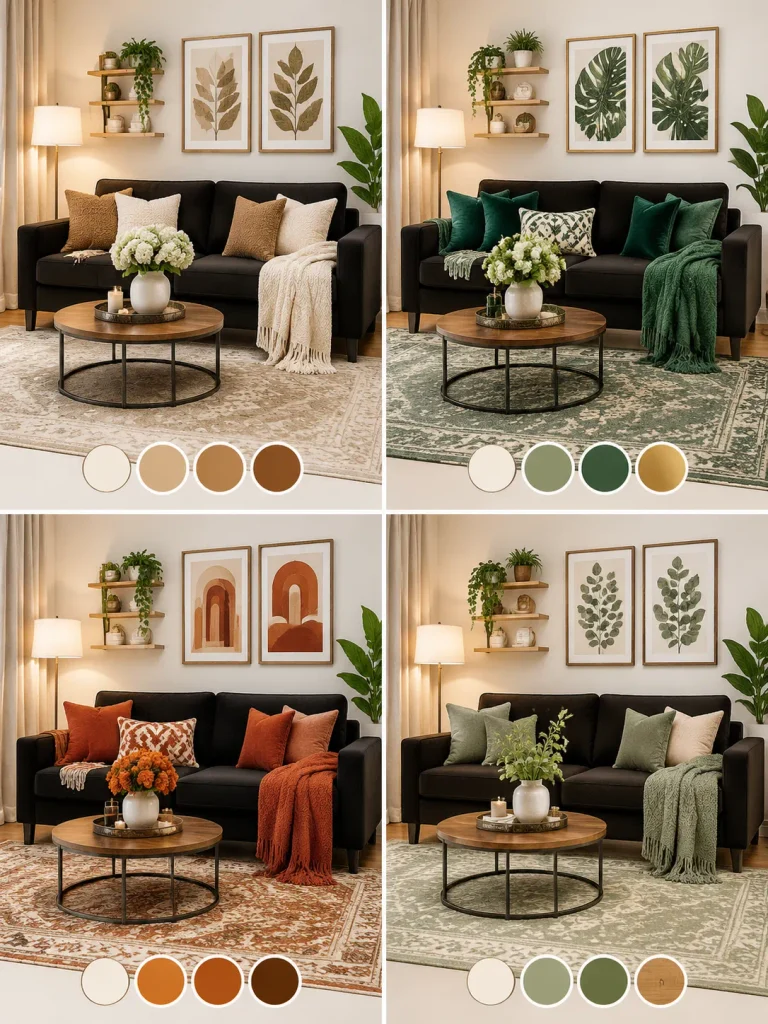 Four color combinations with a black sofa including cream, emerald, rust, and sage