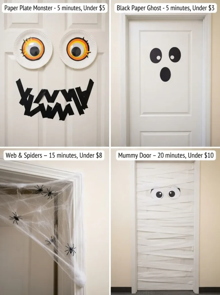 Four easy Halloween door ideas shown side by side
