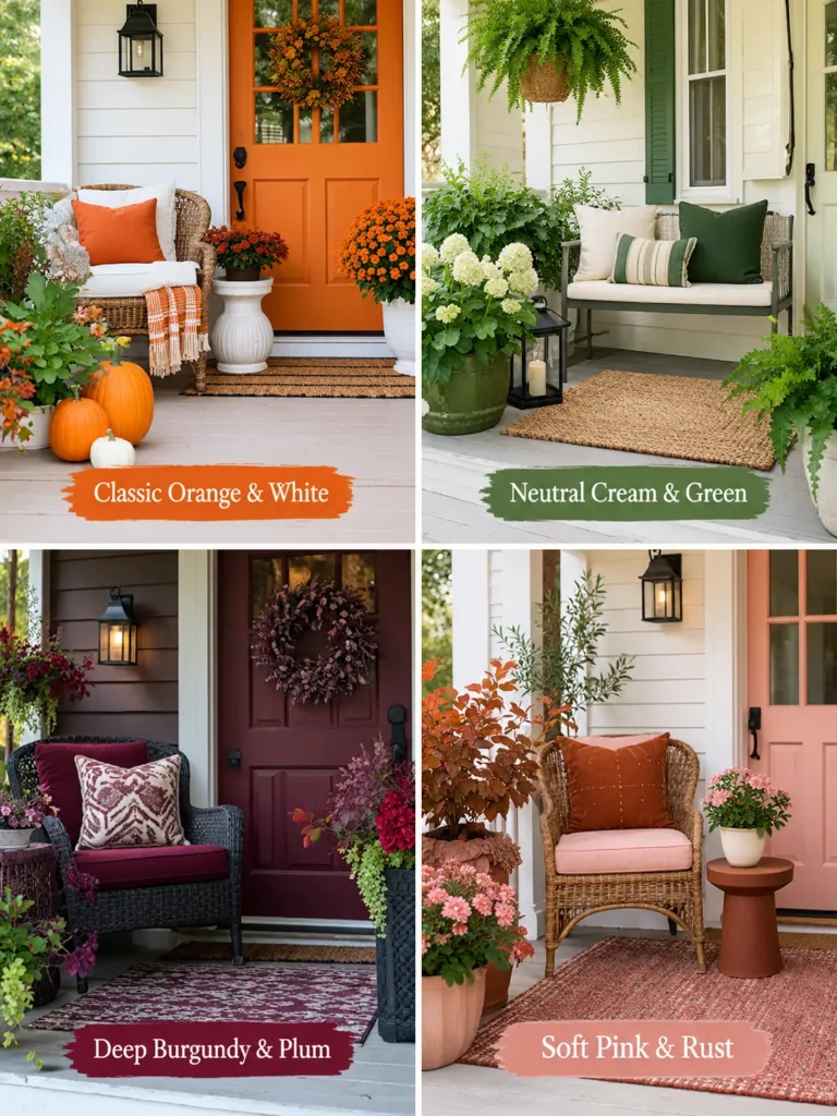 Four fall porch color palettes including orange, neutral, moody, and soft warm tones