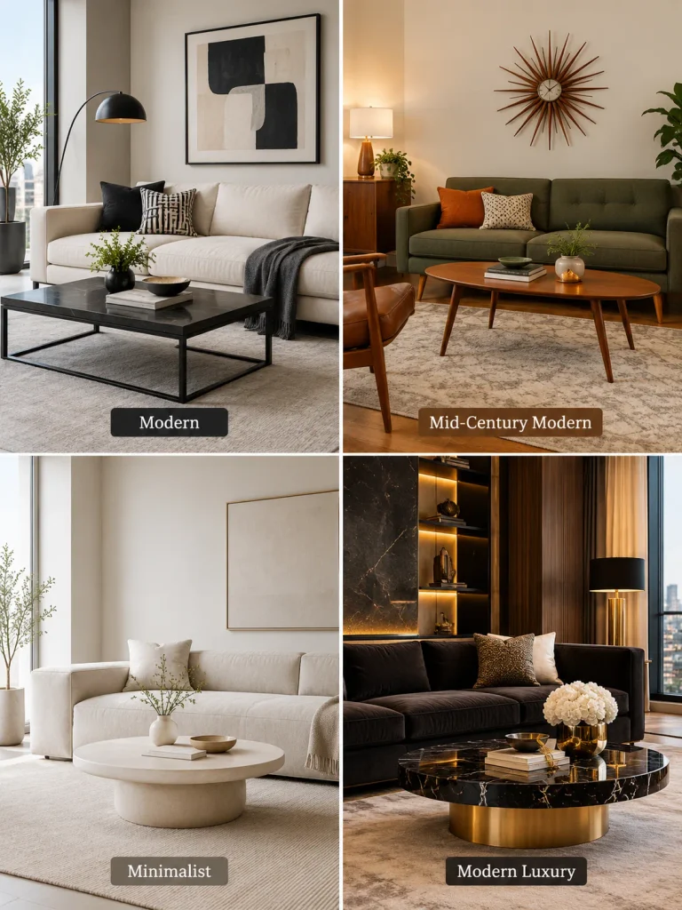 Four living room furniture styles compared: modern, mid century modern, minimalist, and modern luxury