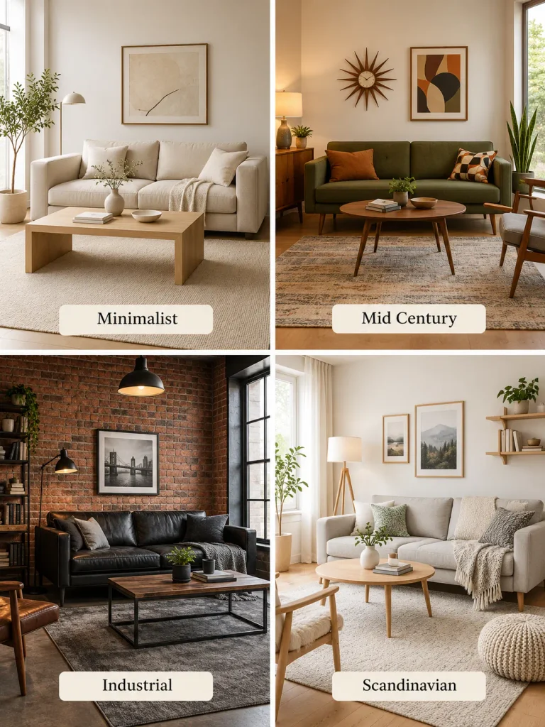 Four living room styles including minimalist, mid century, industrial, and Scandinavian