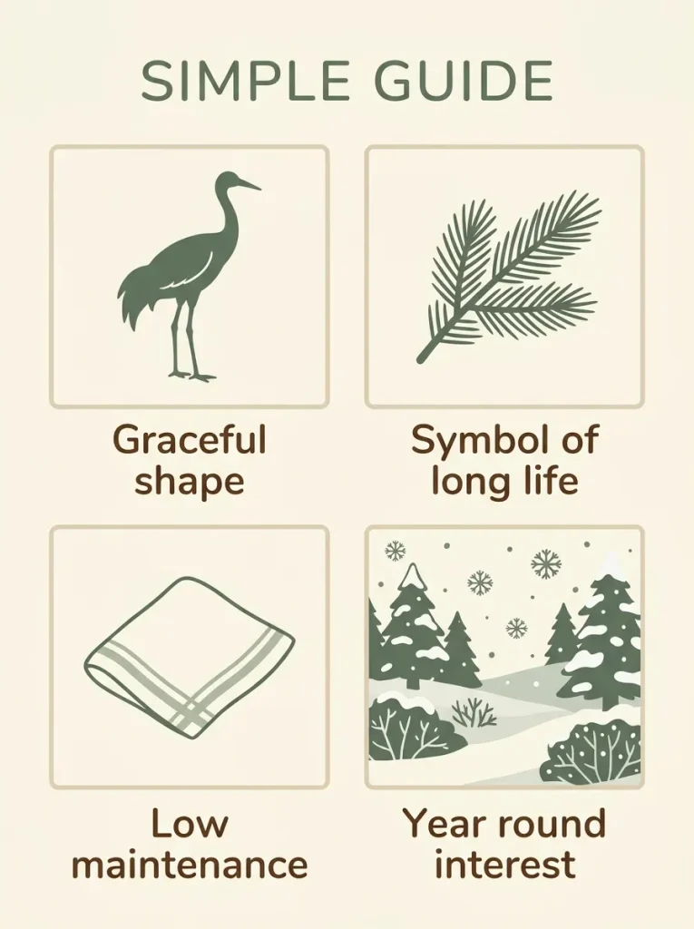 Four reasons to choose outdoor crane garden decor: graceful shape, symbolism, low maintenance, and year round interest