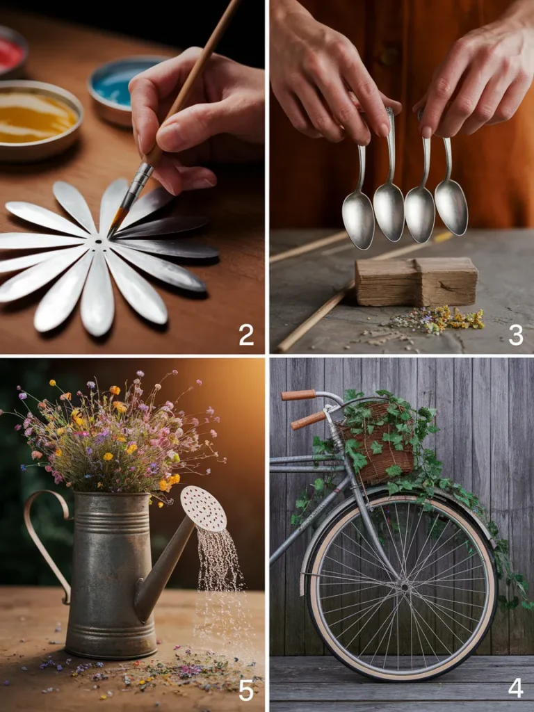 Four simple DIY garden decor metal projects including painted flowers, spoon flowers, and bike wheel trellis