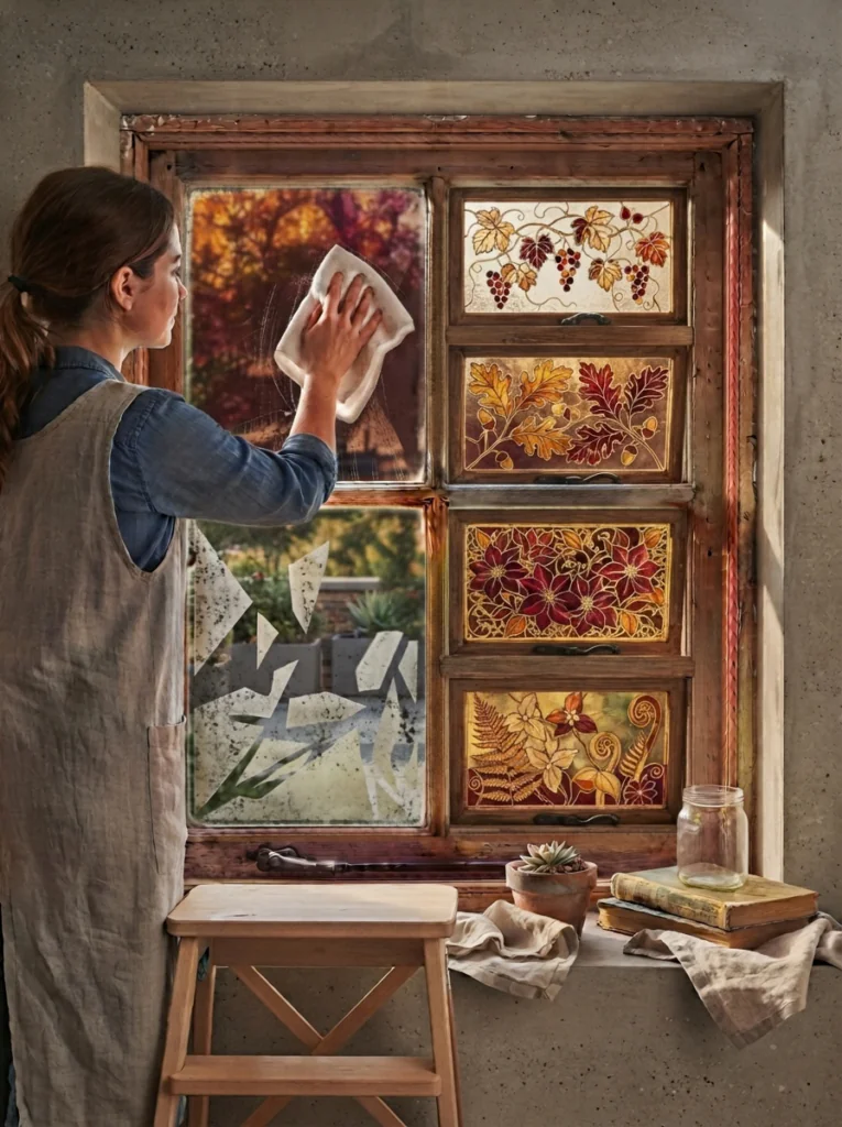 Four small windows with different leaf and flower designs in amber, burgundy, and gold.
