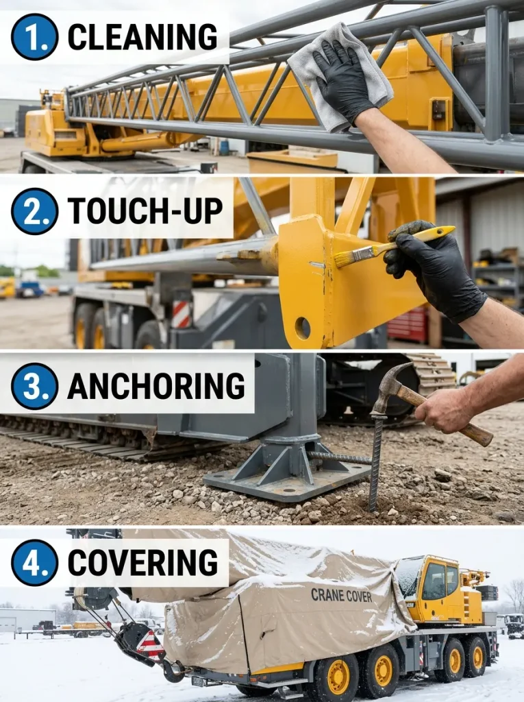 Four steps to care for and anchor outdoor crane garden decor: wipe, touch up, anchor, and cover