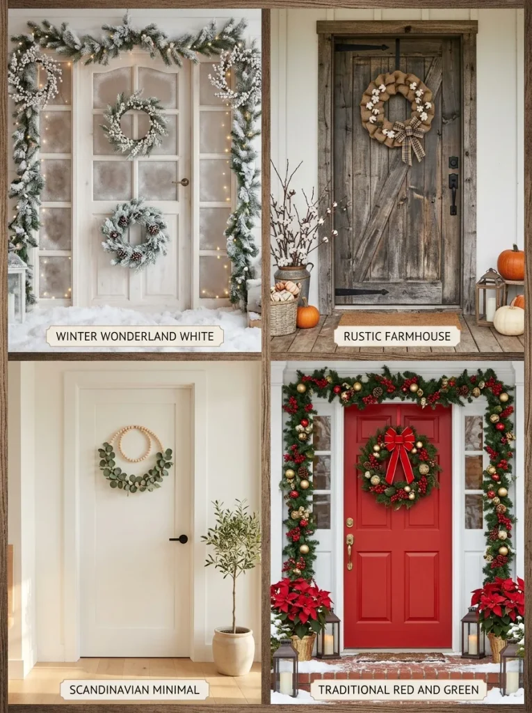 Four themed Christmas door ideas including white, rustic, minimal, and traditional styles.