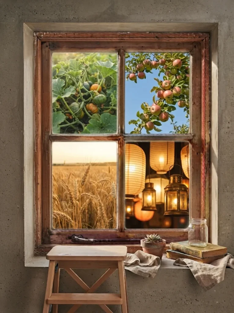 Four windows showing a pumpkin vine, apple branch, wheat stalks, and glowing lanterns.