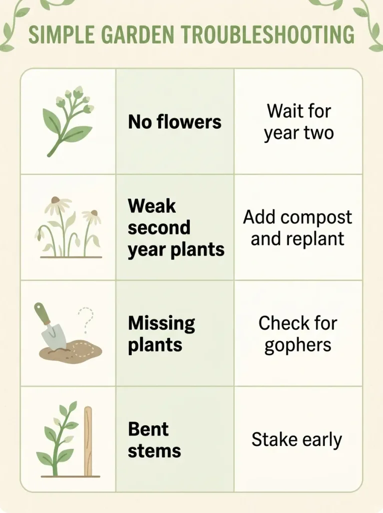 Fox gloves gardening troubleshooting guide with fixes for no flowers, weak plants, missing plants, and bent stems