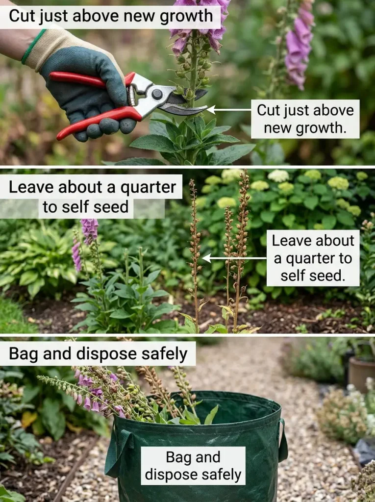 Foxglove pruning steps showing cutting below the lowest flower, leaving seed stems, and bagging clippings