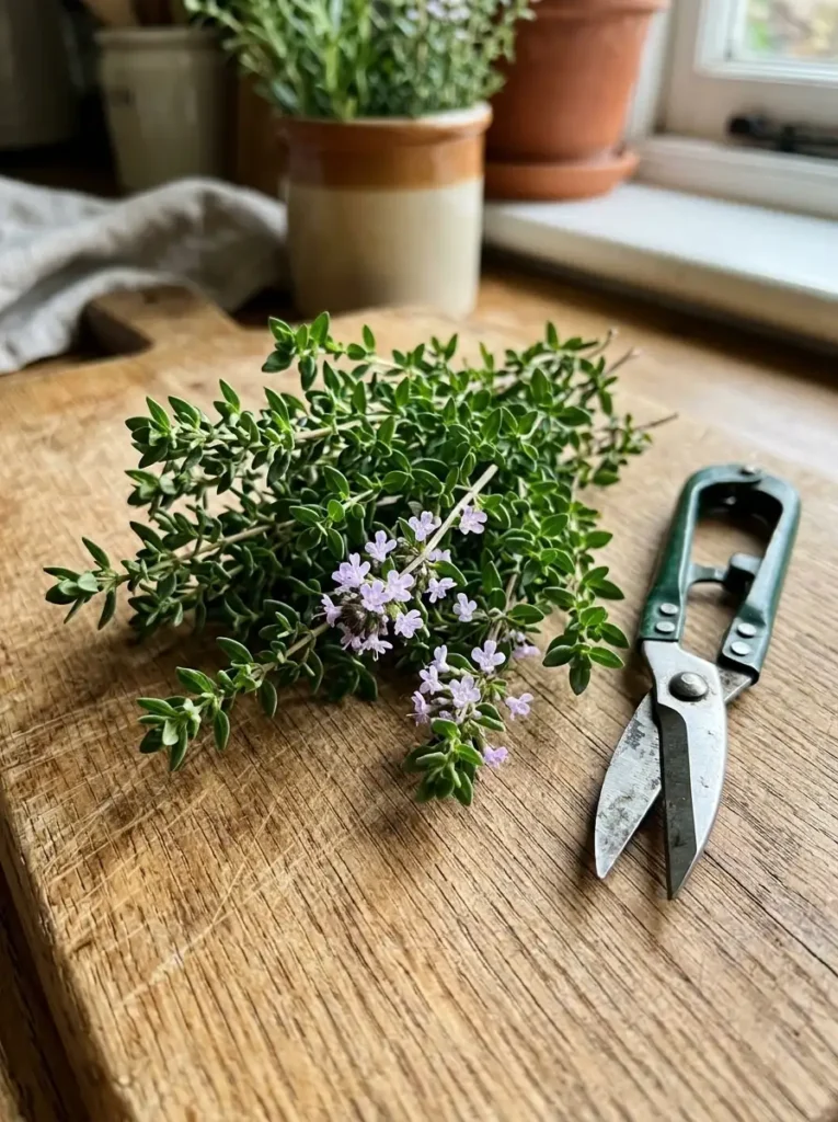 Fresh thyme sprigs on a cutting board ready for use in the kitchen