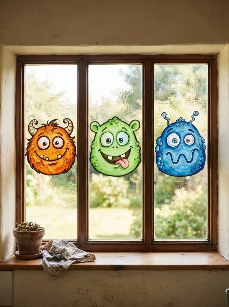 Stained glass style jack o lantern painted on a window for Halloween