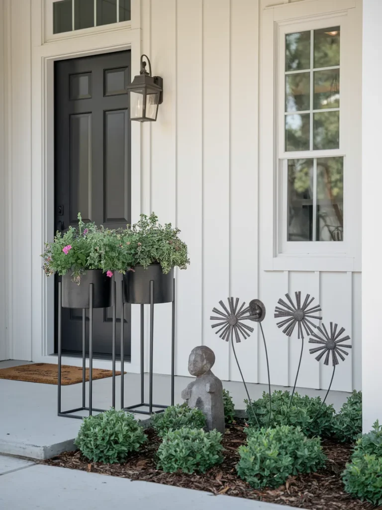 Front entry with matching metal planters and metal flowers as garden decor metal