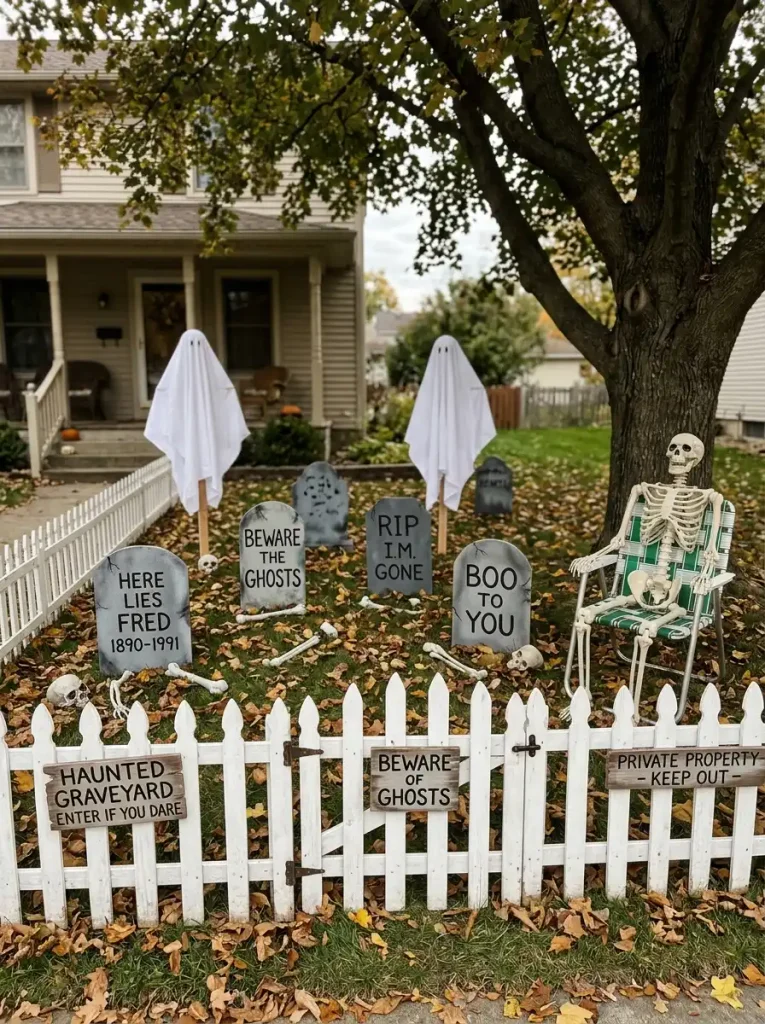 Front lawn graveyard with gravestones, picket fence, ghosts, and skeleton in chair for Halloween decorations for yards and exteriors