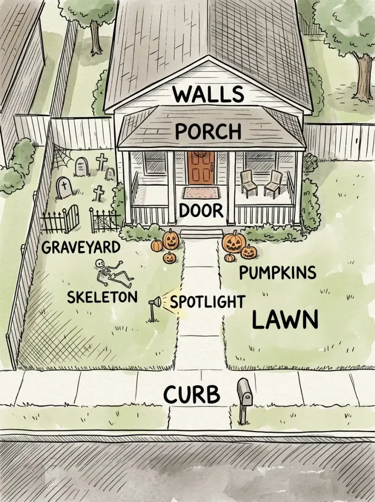 Front yard map showing zones for planning outdoor Halloween decor
