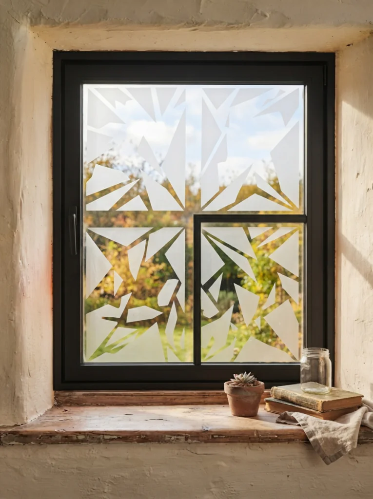 Frosted window film cut into shard shapes for a broken glass Halloween effect