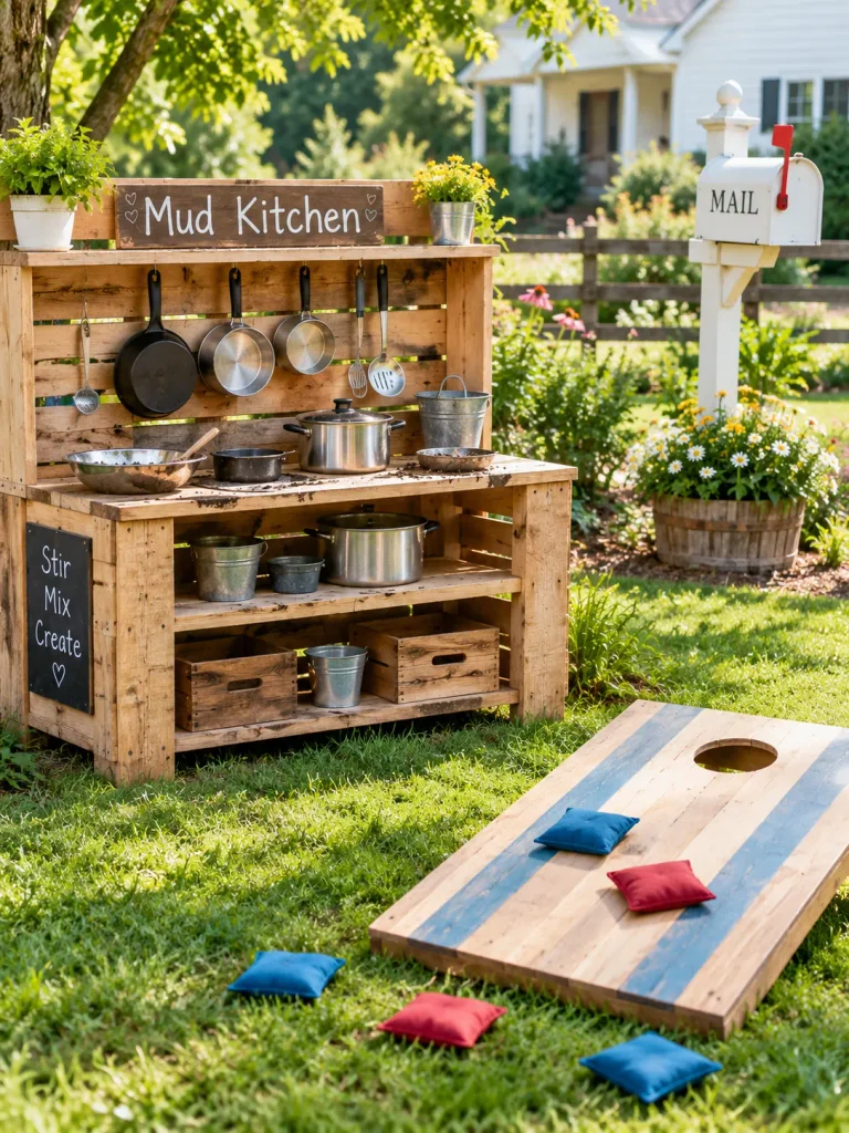 Fun outdoor pallet projects including a mud kitchen, toss game, and mailbox.
