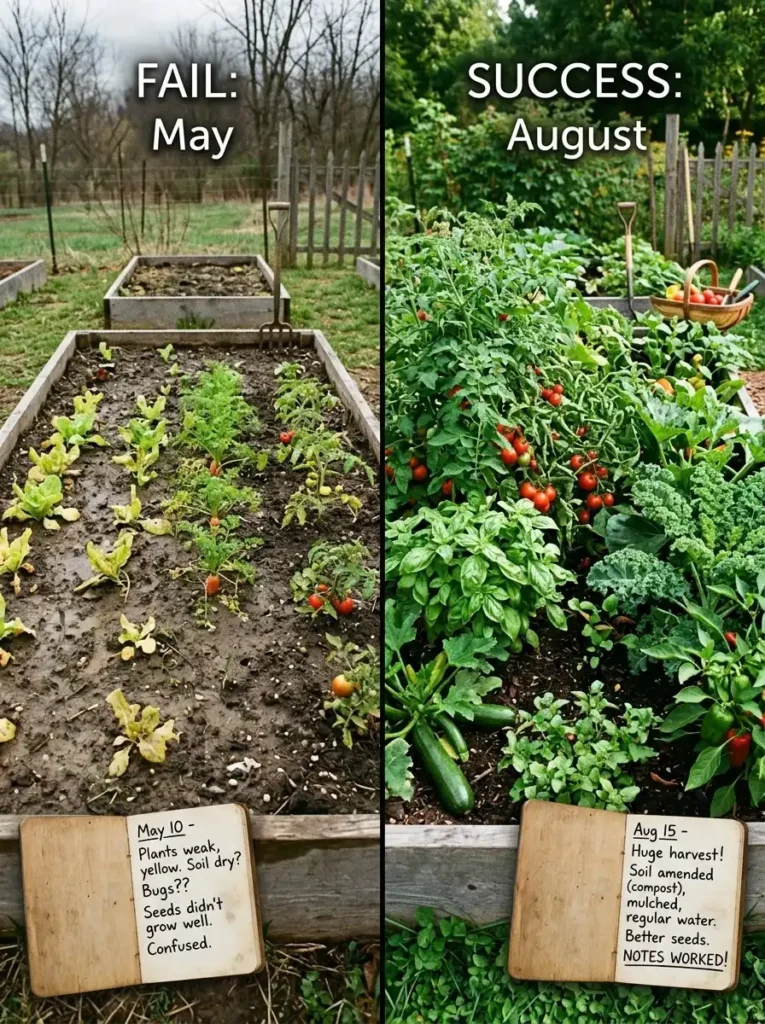 Garden bed before and after using a gardening log to improve results