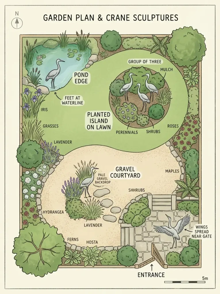 Garden plan showing outdoor crane garden decor placed at a pond edge, gravel courtyard, planted island, and entrance