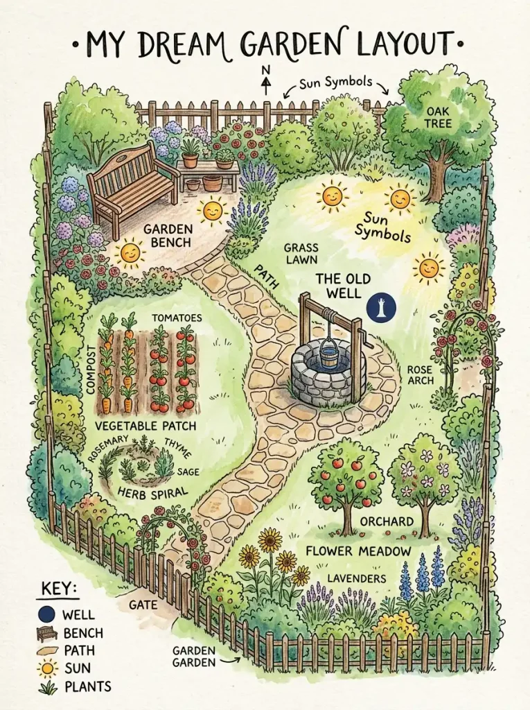 Garden plan showing where to place a decorative well near a path and bench