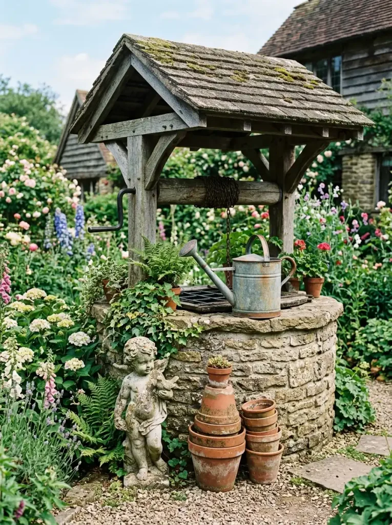 Garden well decor accents including a watering can, statue, and terracotta pots